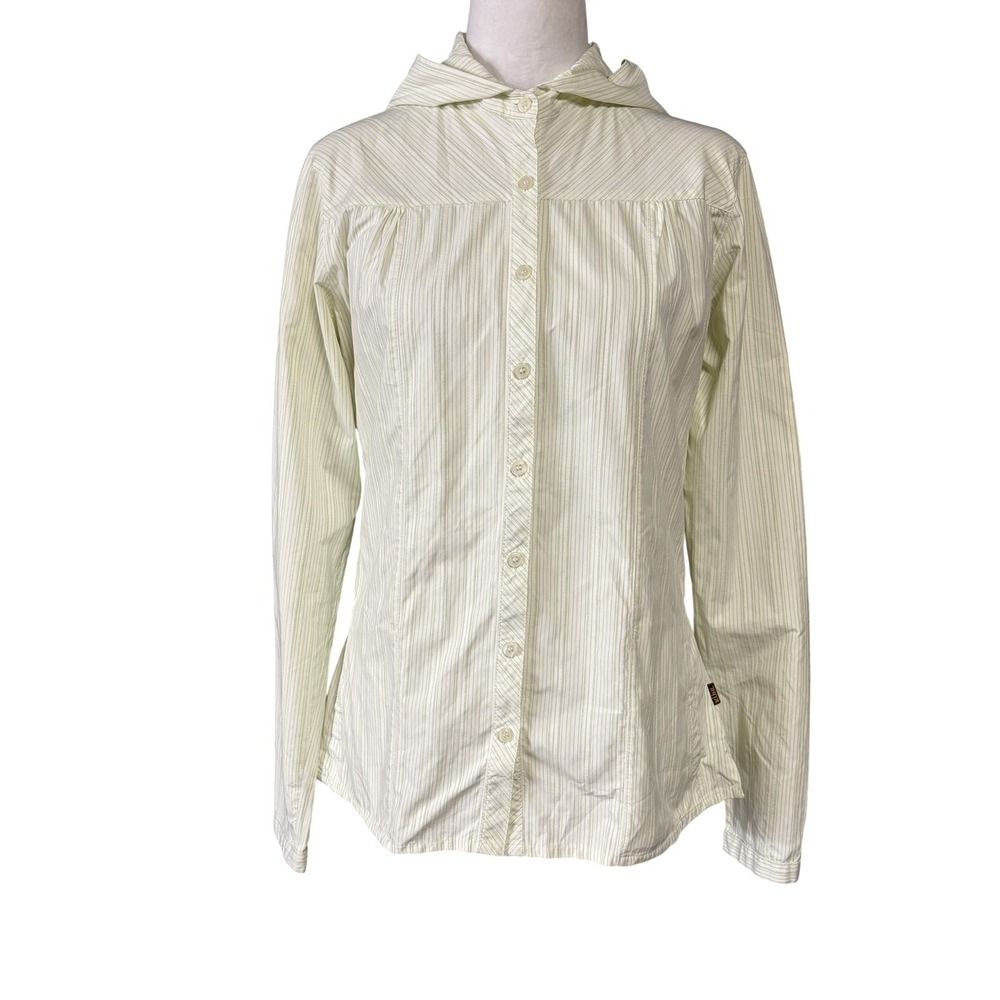 Kuhl Women's Light Green Striped Button-Down Hooded Shirt